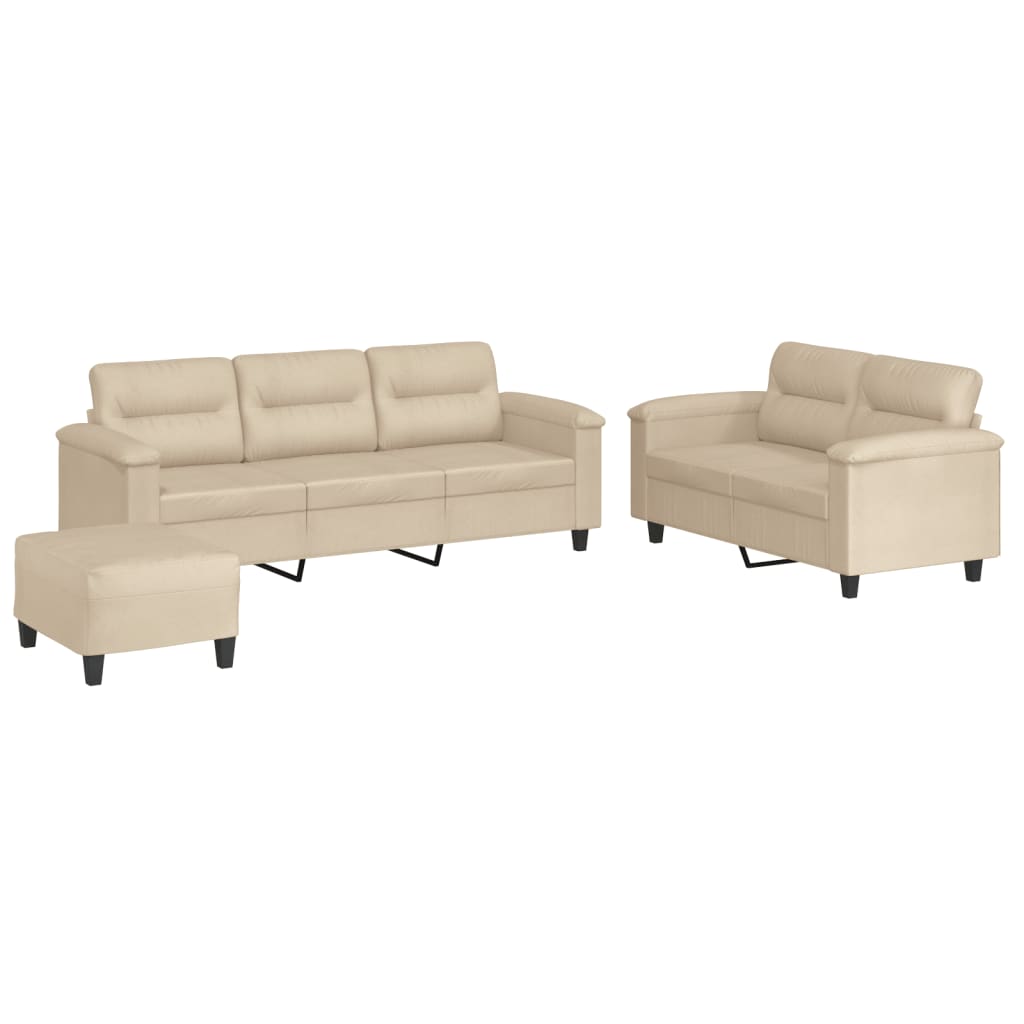 vidaXL Set de canapele cu perne, 3 piese, crem, microfibră vidaXL Set de canapele cu perne, 3 piese, crem, microfibră