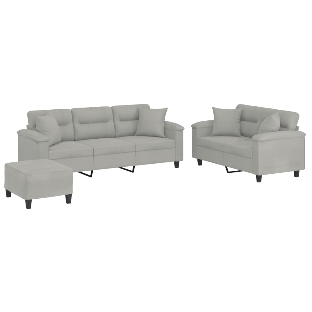 vidaXL Set de canapele cu perne, 3 piese, gri deschis, microfibră vidaXL Set de canapele cu perne, 3 piese, gri deschis, microfibră