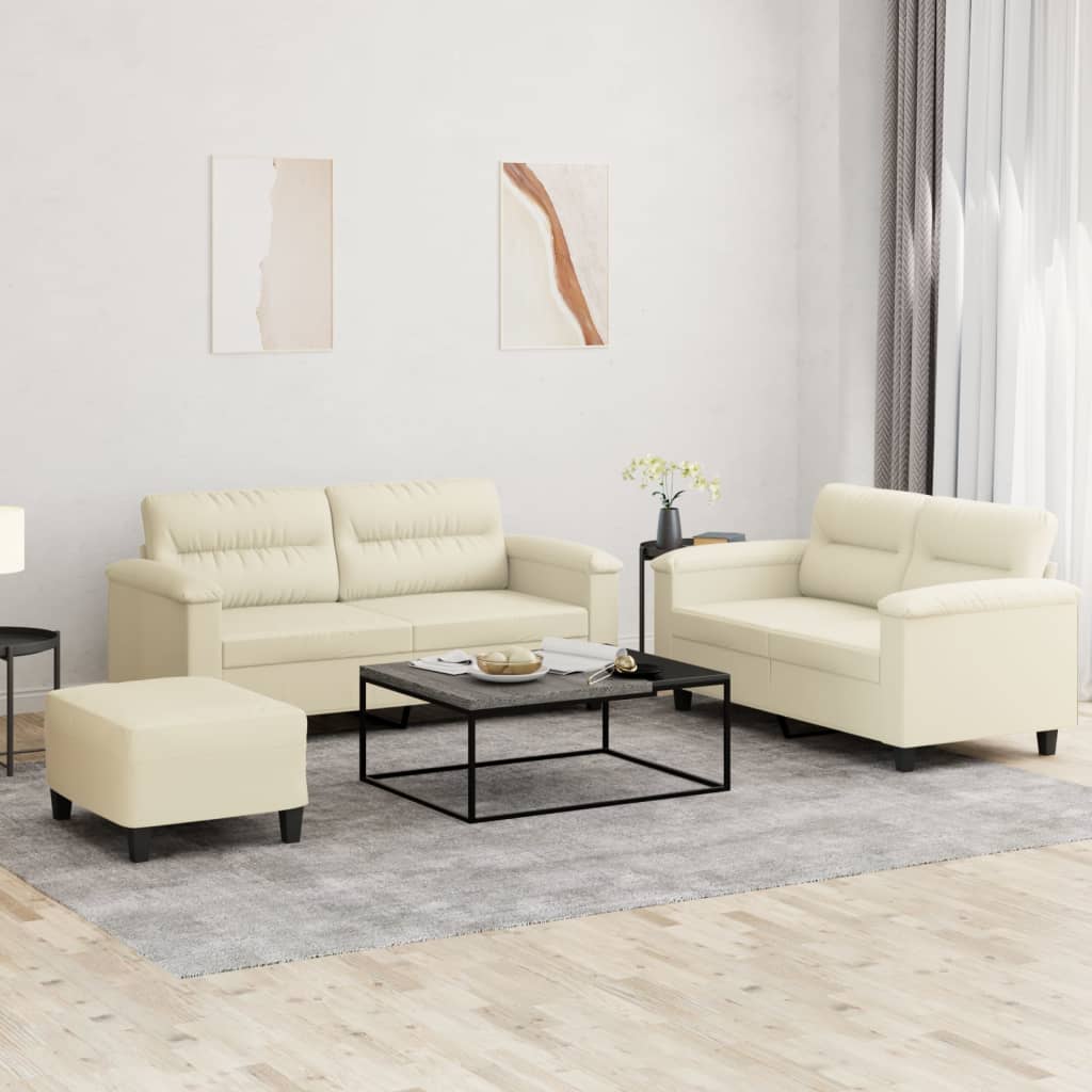 vidaXL Set de canapele cu perne, 3 piese, crem, piele ecologică vidaXL Set de canapele cu perne, 3 piese, crem, piele ecologică