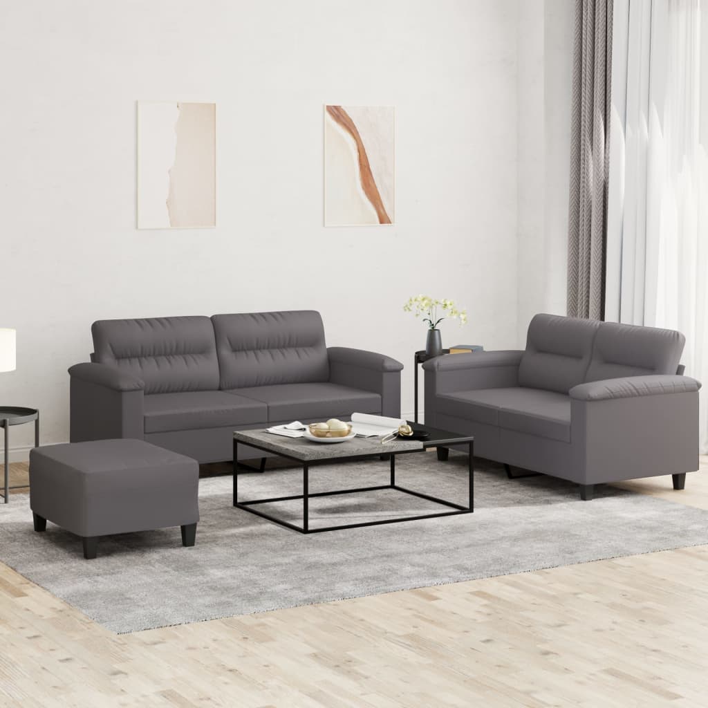 vidaXL Set de canapele cu perne, 3 piese, gri, piele ecologică vidaXL Set de canapele cu perne, 3 piese, gri, piele ecologică