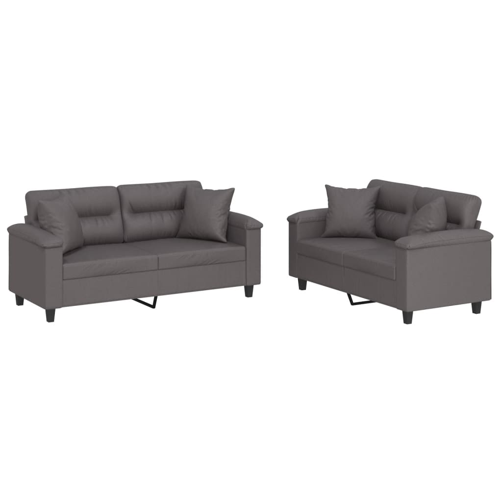 vidaXL Set de canapele cu perne, 2 piese, gri, piele ecologică