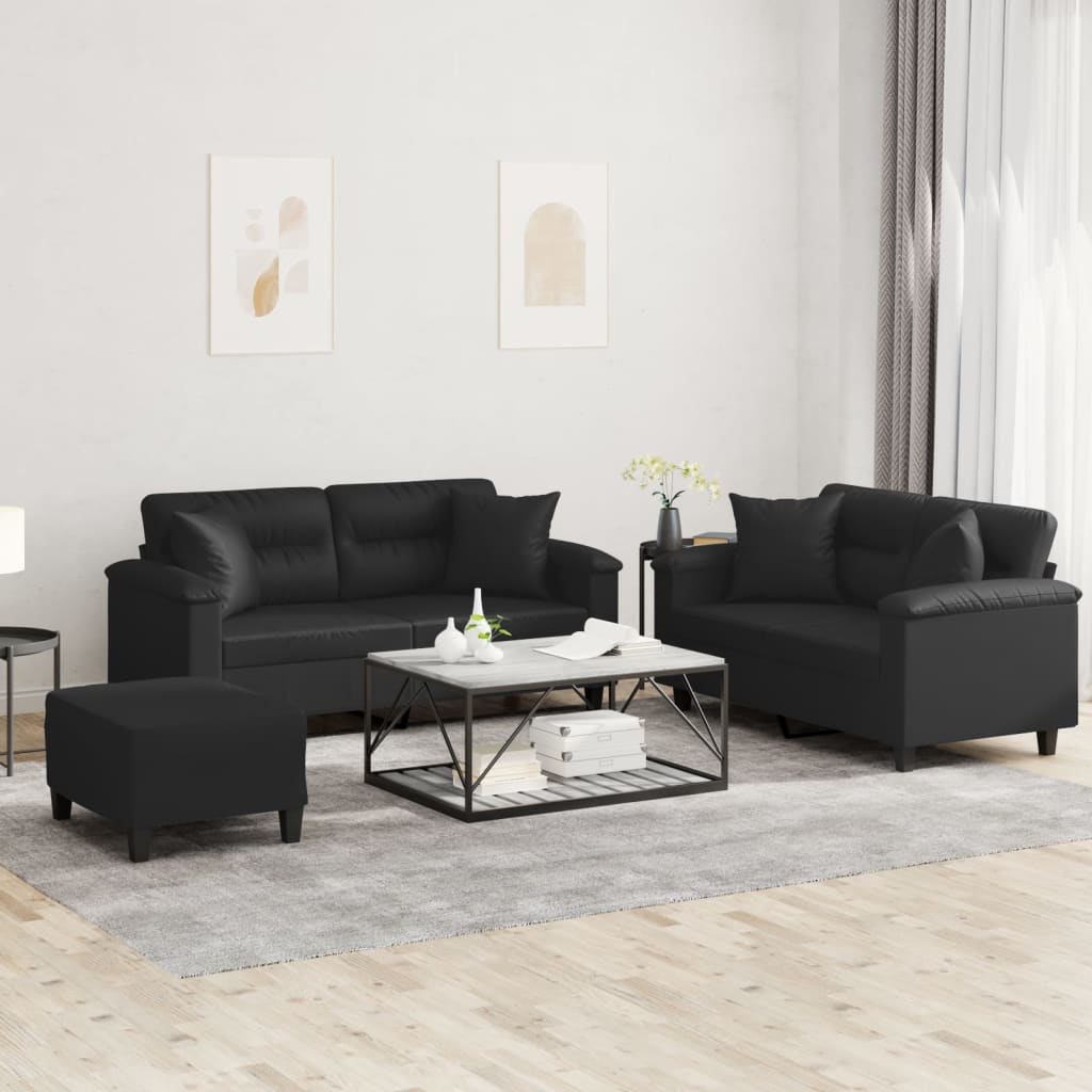 vidaXL Set de canapele cu perne, 3 piese, negru, piele ecologică vidaXL Set de canapele cu perne, 3 piese, negru, piele ecologică
