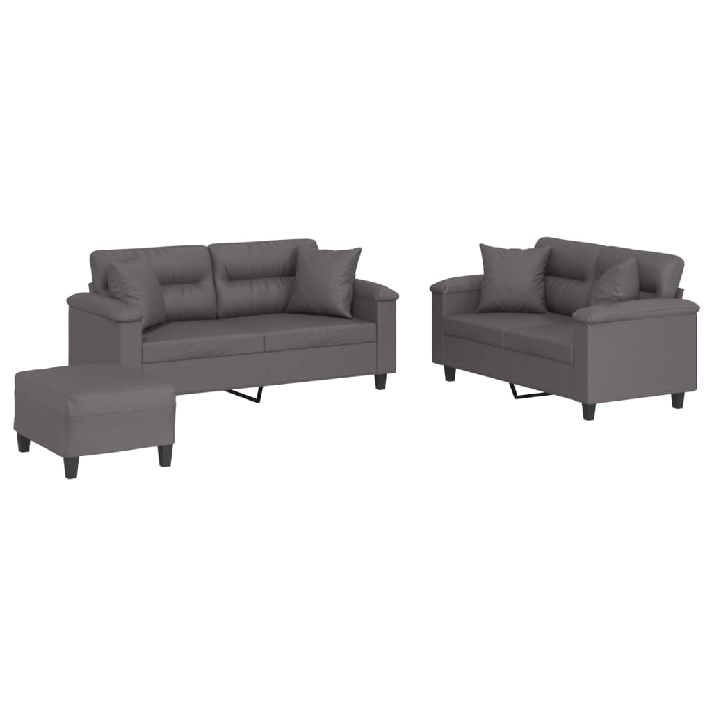 vidaXL Set de canapele cu perne, 3 piese, gri, piele ecologică vidaXL Set de canapele cu perne, 3 piese, gri, piele ecologică