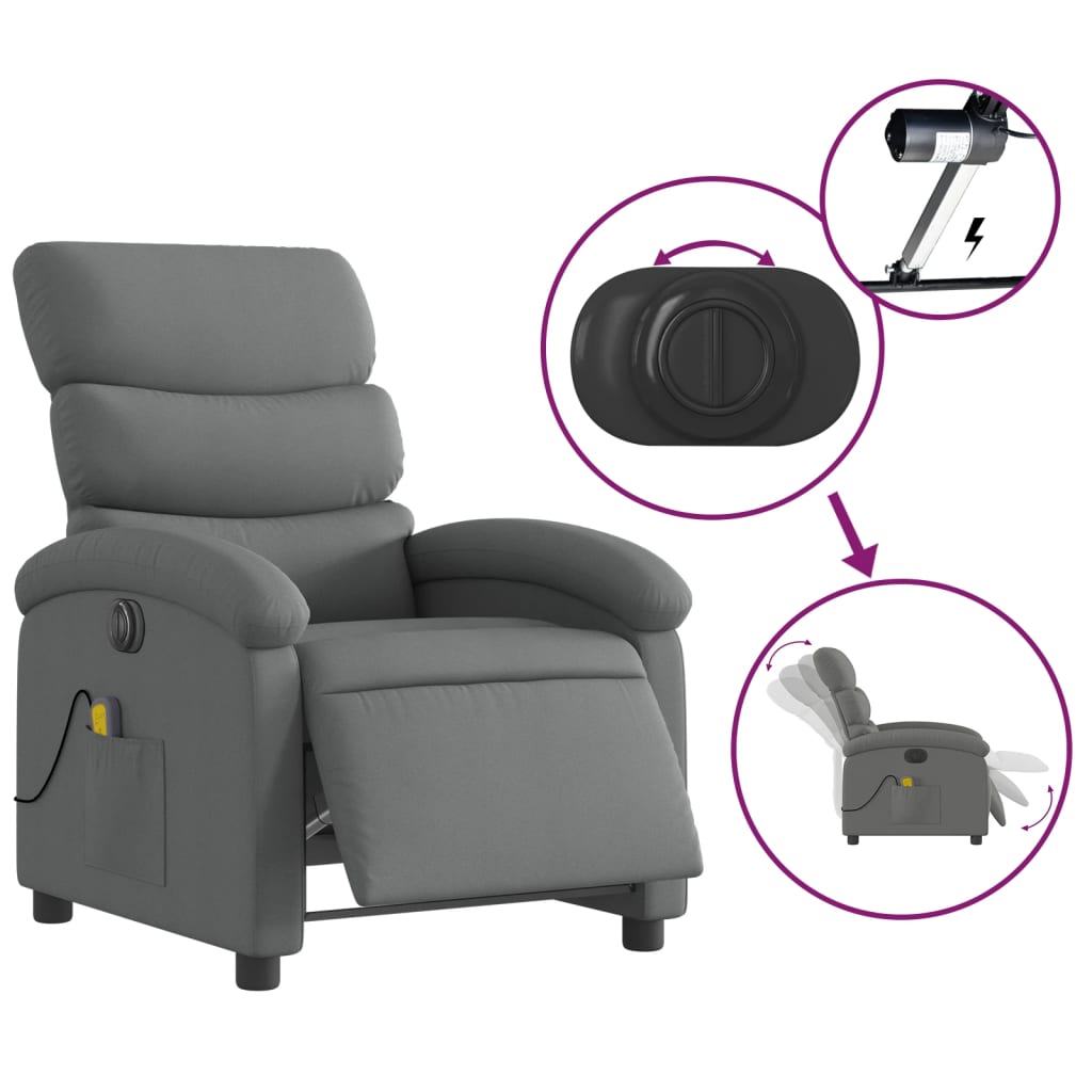 vidaXL Fotoliu electric de masaj rabatabil, gri închis, textil
