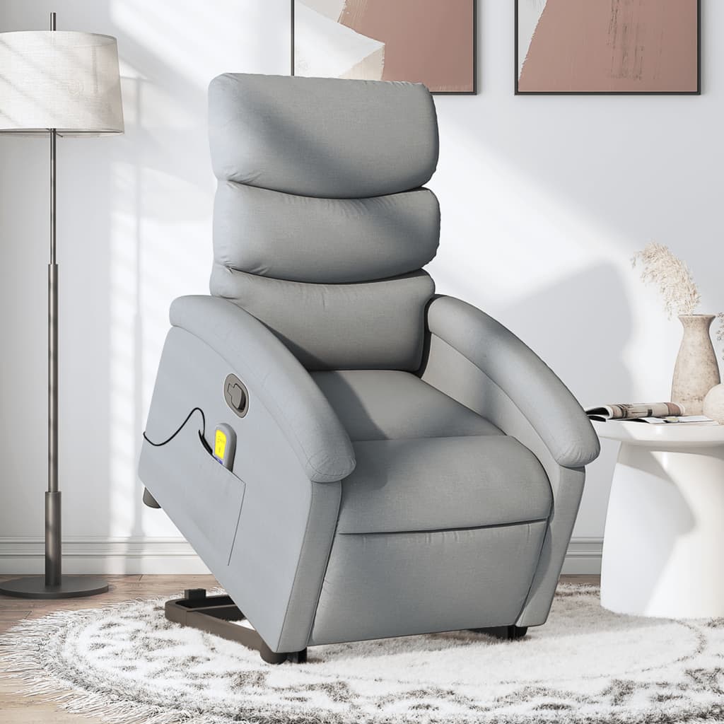 vidaXL Fotoliu de masaj rabatabil cu ridicare, gri deschis, textil vidaXL Fotoliu de masaj rabatabil cu ridicare, gri deschis, textil