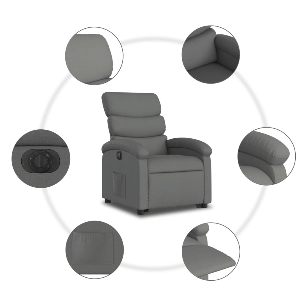 vidaXL Fotoliu electric rabatabil cu ridicare, gri închis, textil