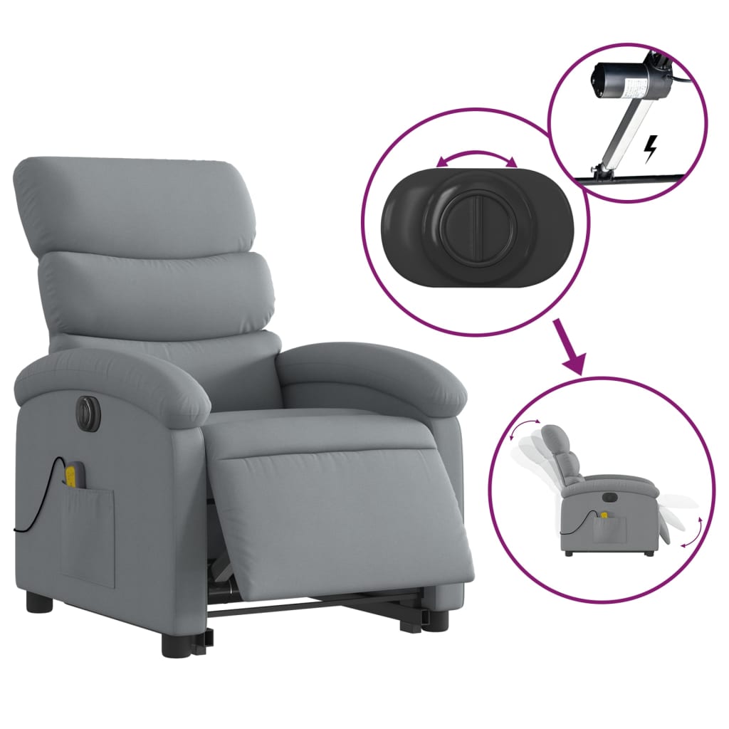 vidaXL Fotoliu electric masaj rabatabil cu ridicare, gri închis textil