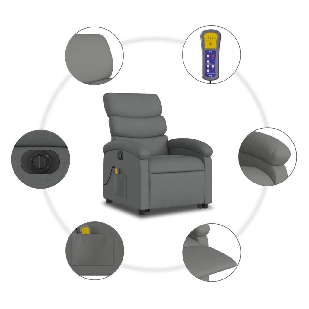 vidaXL Fotoliu electric masaj rabatabil cu ridicare, gri închis textil
