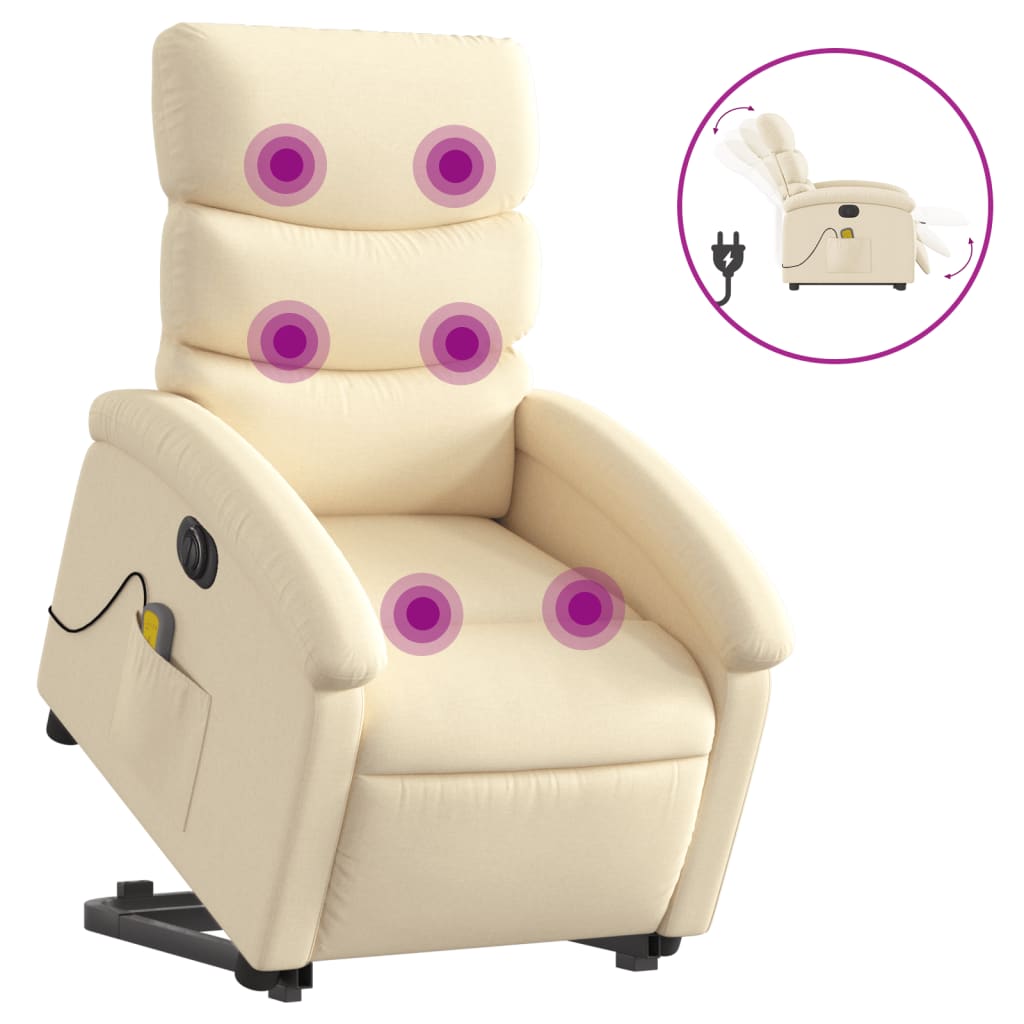 vidaXL Fotoliu electric de masaj rabatabil cu ridicare, crem, textil vidaXL Fotoliu electric de masaj rabatabil cu ridicare, crem, textil