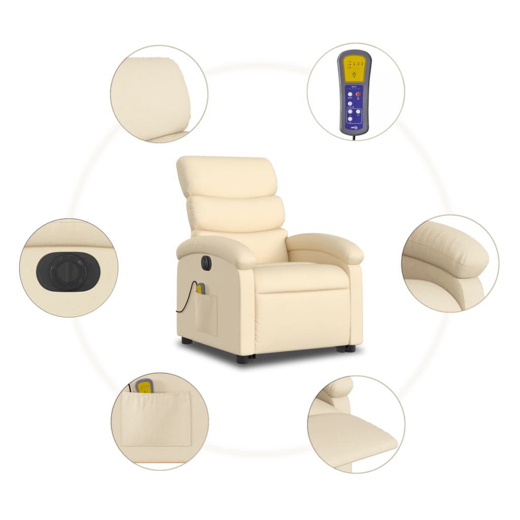 vidaXL Fotoliu electric de masaj rabatabil cu ridicare, crem, textil vidaXL Fotoliu electric de masaj rabatabil cu ridicare, crem, textil
