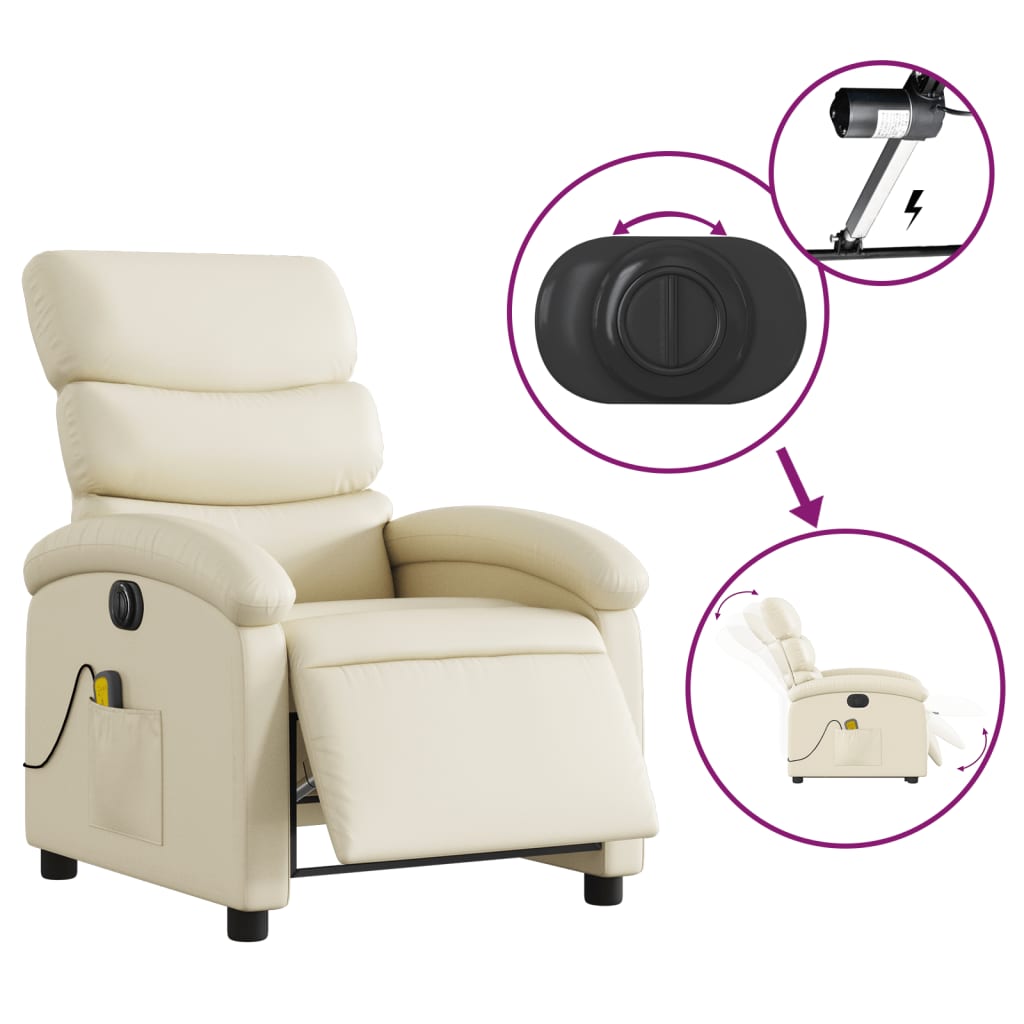 vidaXL Fotoliu electric de masaj rabatabil, crem, piele ecologică