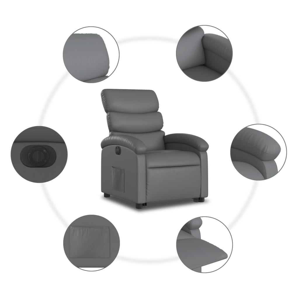 vidaXL Fotoliu rabatabil electric cu ridicare, gri, piele ecologică