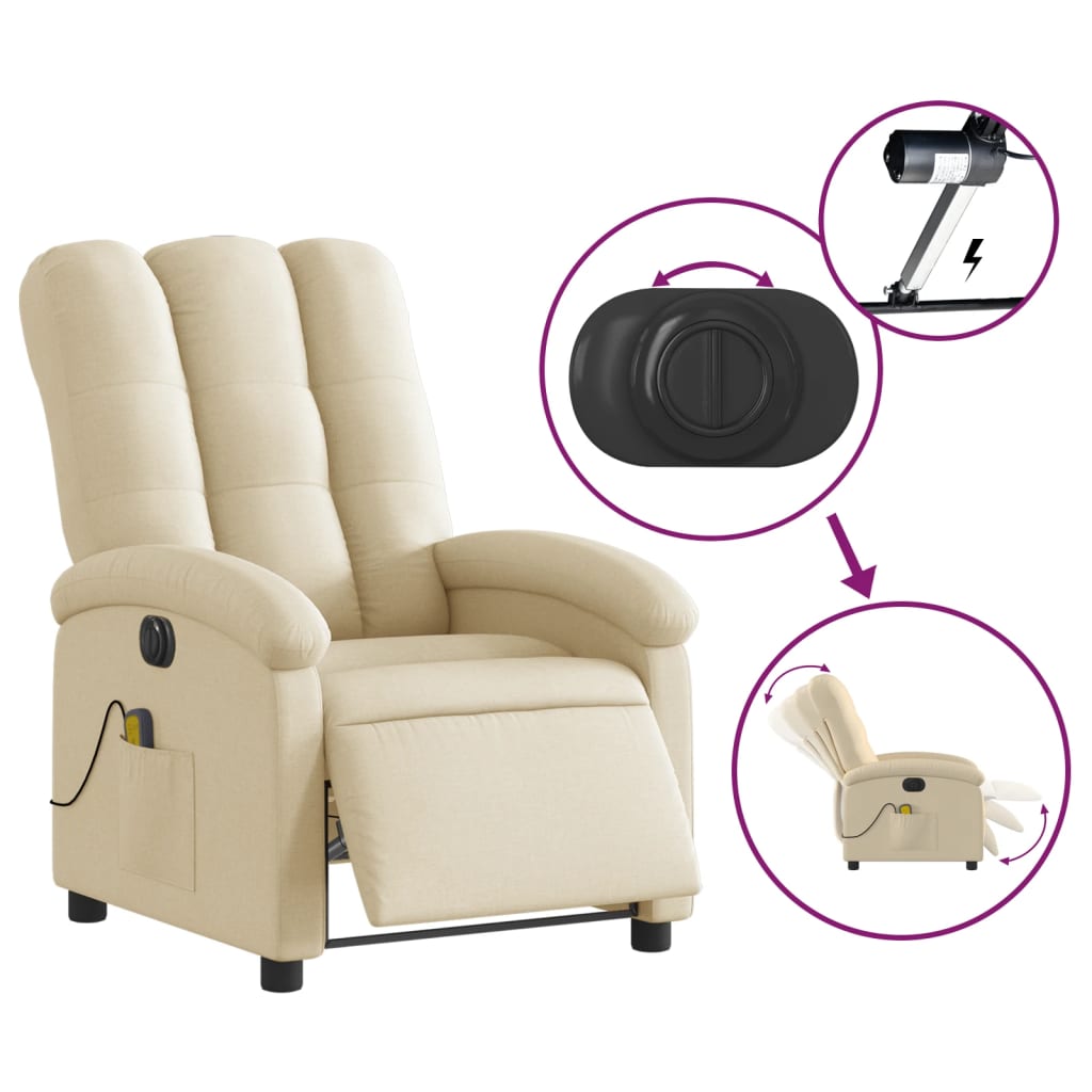 vidaXL Fotoliu electric de masaj rabatabil, crem, textil