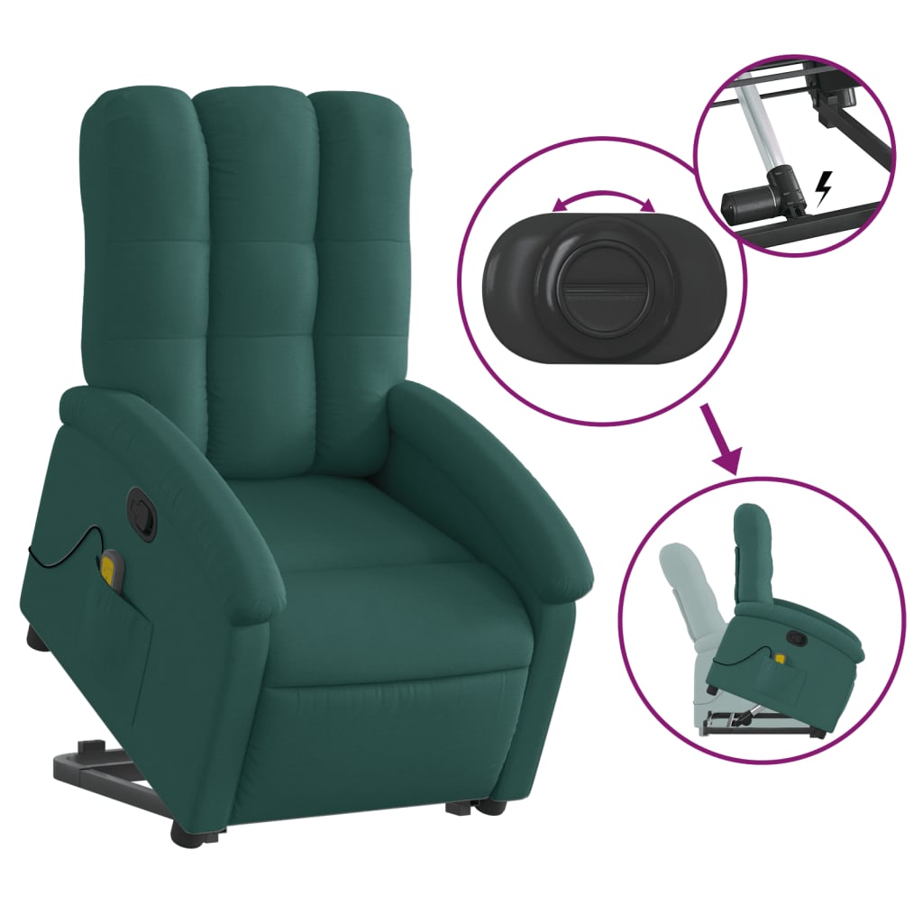 vidaXL Fotoliu rabatabil de masaj, cu ridicare, verde închis, textil