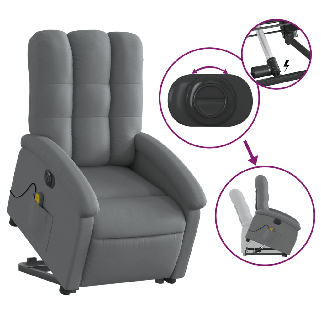 vidaXL Fotoliu electric masaj rabatabil cu ridicare, gri închis textil