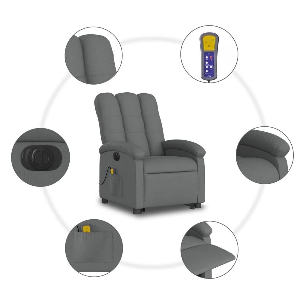 vidaXL Fotoliu electric masaj rabatabil cu ridicare, gri închis textil