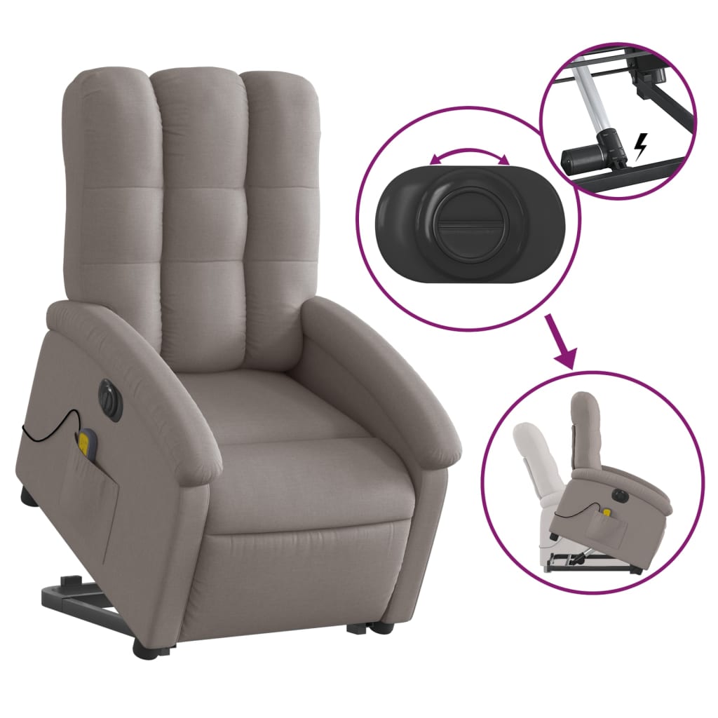 vidaXL Fotoliu electric masaj rabatabil cu ridicare, gri taupe, textil