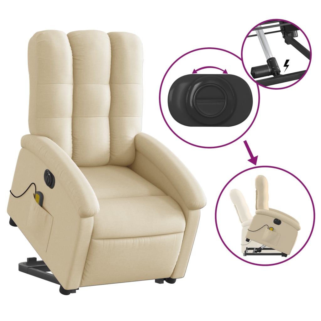 vidaXL Fotoliu electric de masaj rabatabil cu ridicare, crem, textil vidaXL Fotoliu electric de masaj rabatabil cu ridicare, crem, textil