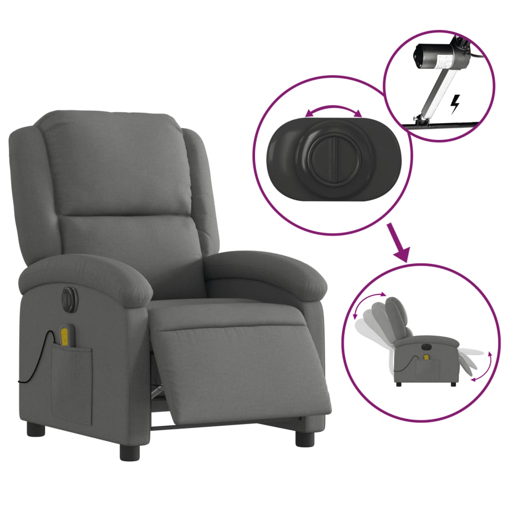 vidaXL Fotoliu electric de masaj rabatabil, gri închis, textil