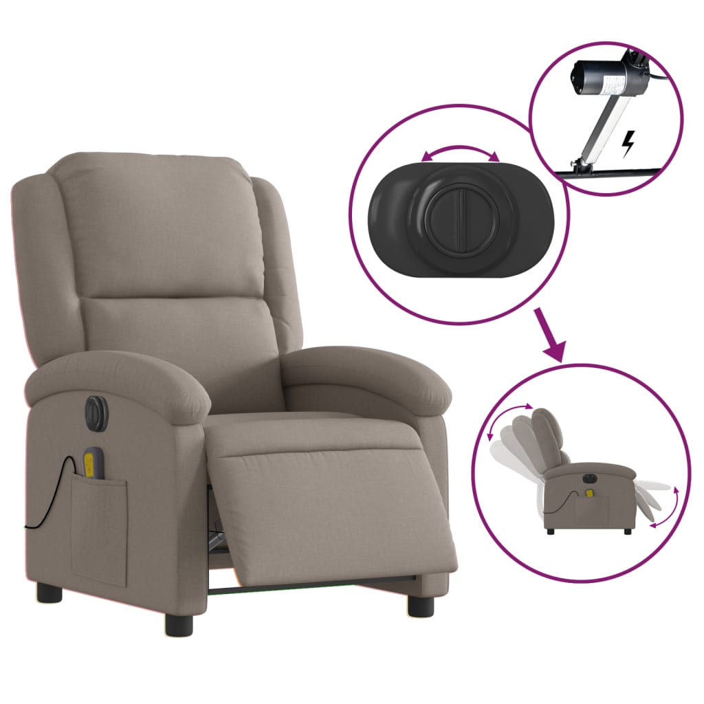 vidaXL Fotoliu electric de masaj rabatabil, gri taupe, textil