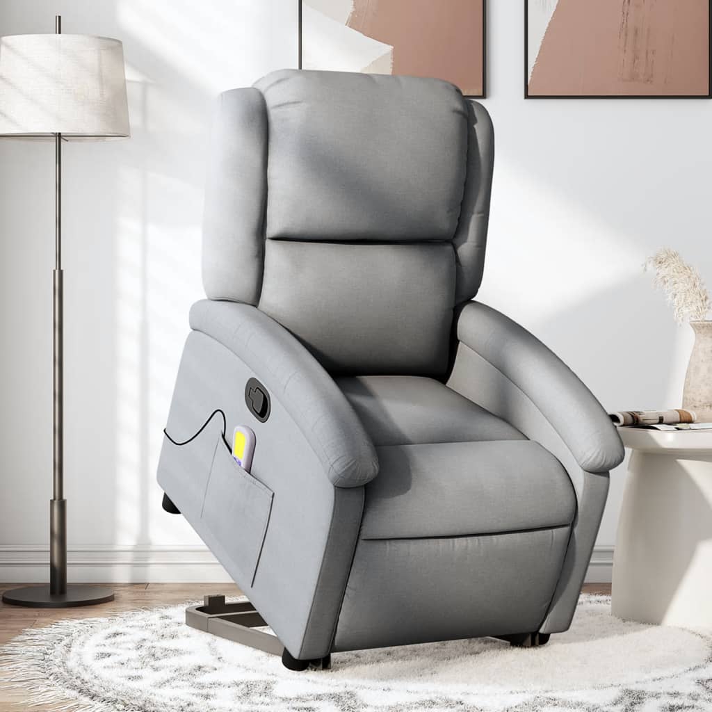 vidaXL Fotoliu de masaj rabatabil cu ridicare, gri deschis, textil vidaXL Fotoliu de masaj rabatabil cu ridicare, gri deschis, textil