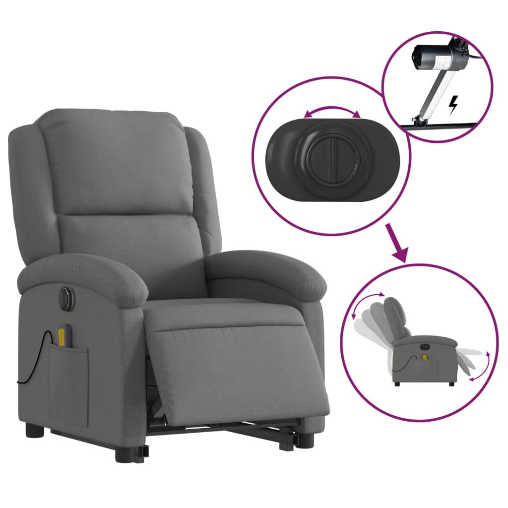 vidaXL Fotoliu electric masaj rabatabil cu ridicare, gri închis textil