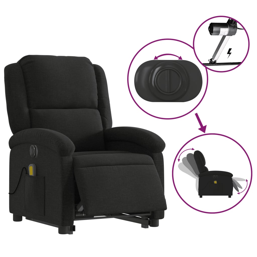 vidaXL Fotoliu electric de masaj rabatabil cu ridicare, negru, textil