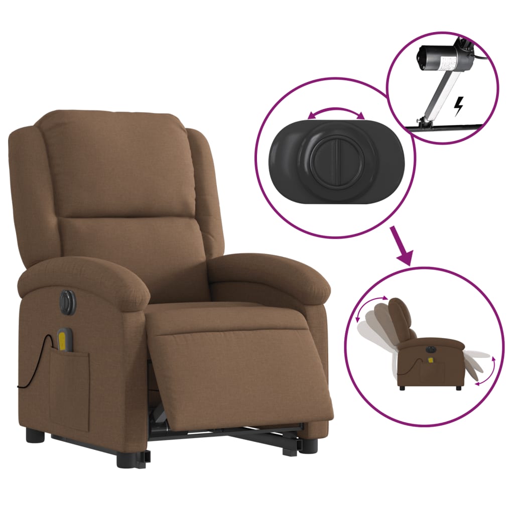 vidaXL Fotoliu electric de masaj rabatabil cu ridicare, maro, textil vidaXL Fotoliu electric de masaj rabatabil cu ridicare, maro, textil