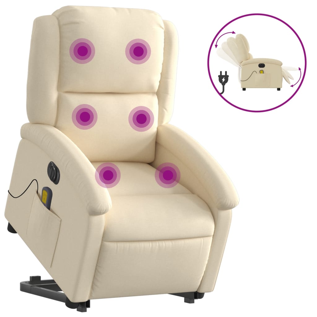 vidaXL Fotoliu electric de masaj rabatabil cu ridicare, crem, textil vidaXL Fotoliu electric de masaj rabatabil cu ridicare, crem, textil