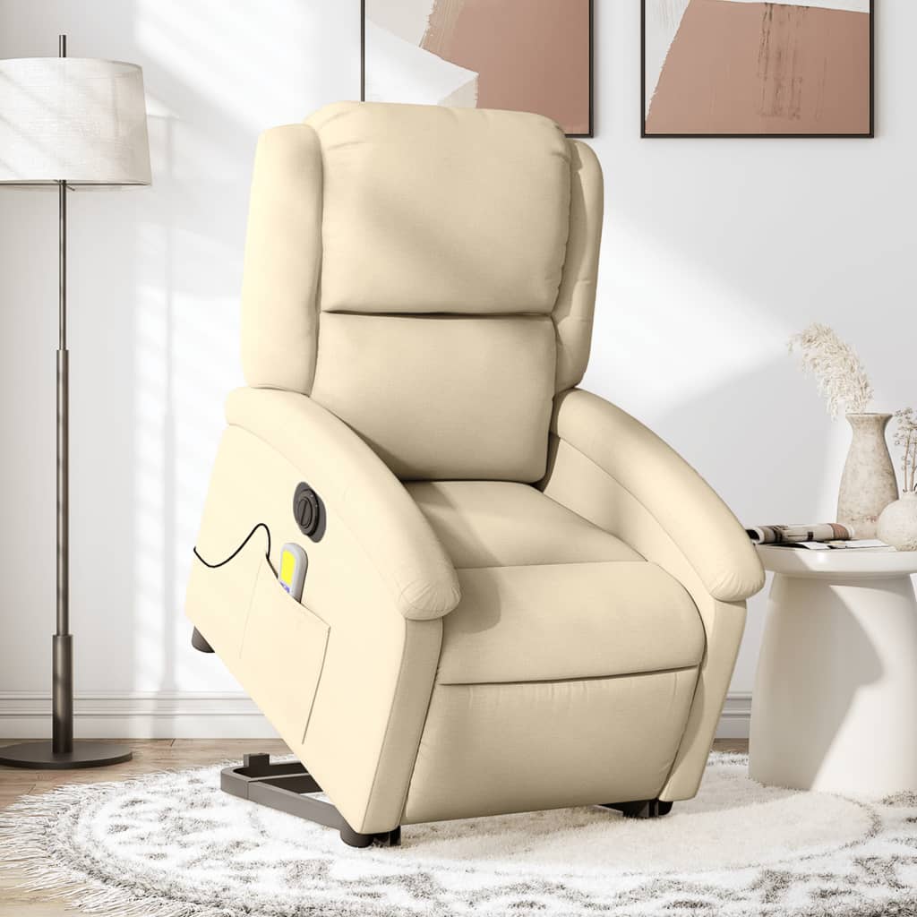 vidaXL Fotoliu electric de masaj rabatabil cu ridicare, crem, textil vidaXL Fotoliu electric de masaj rabatabil cu ridicare, crem, textil