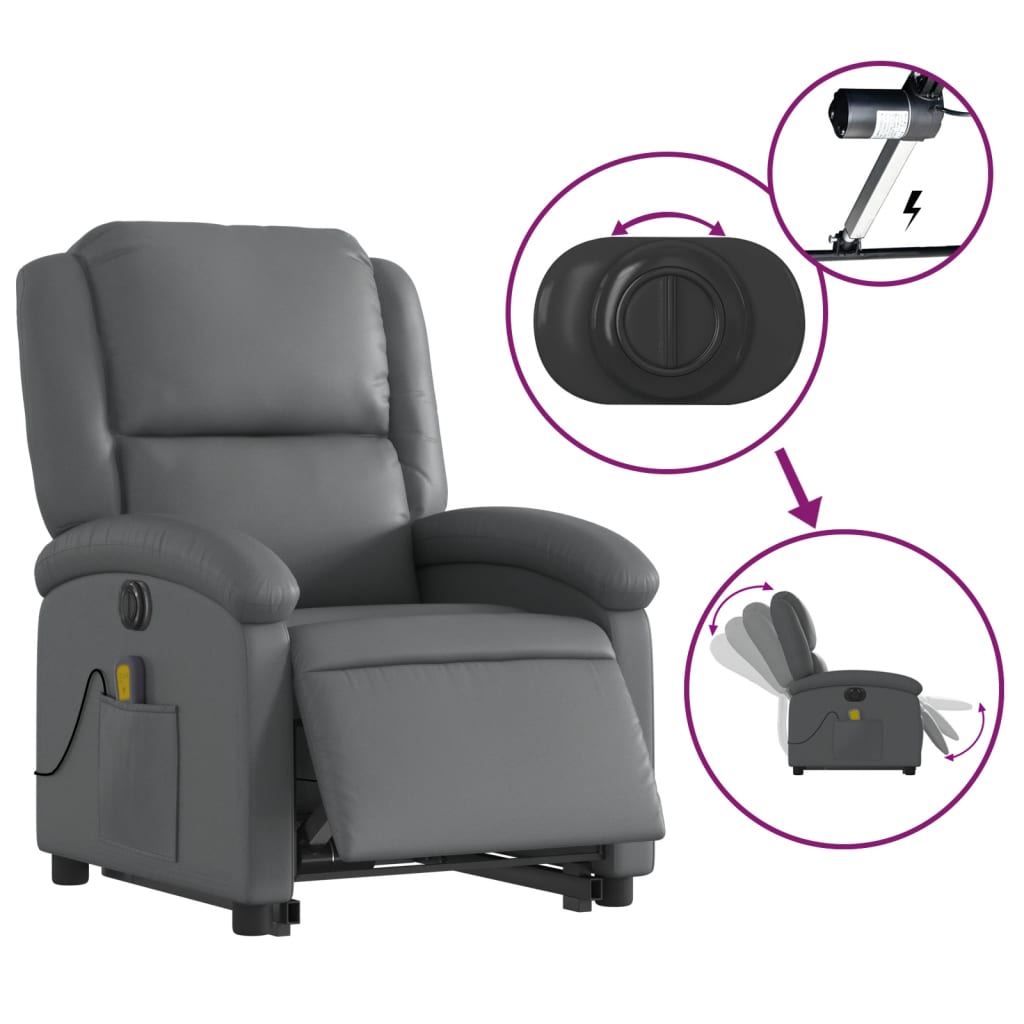 vidaXL Fotoliu masaj rabatabil electric cu ridicare, gri, piele eco