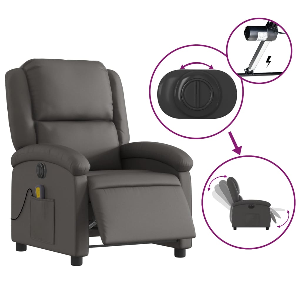 vidaXL Fotoliu rabatabil electric, gri, piele naturală