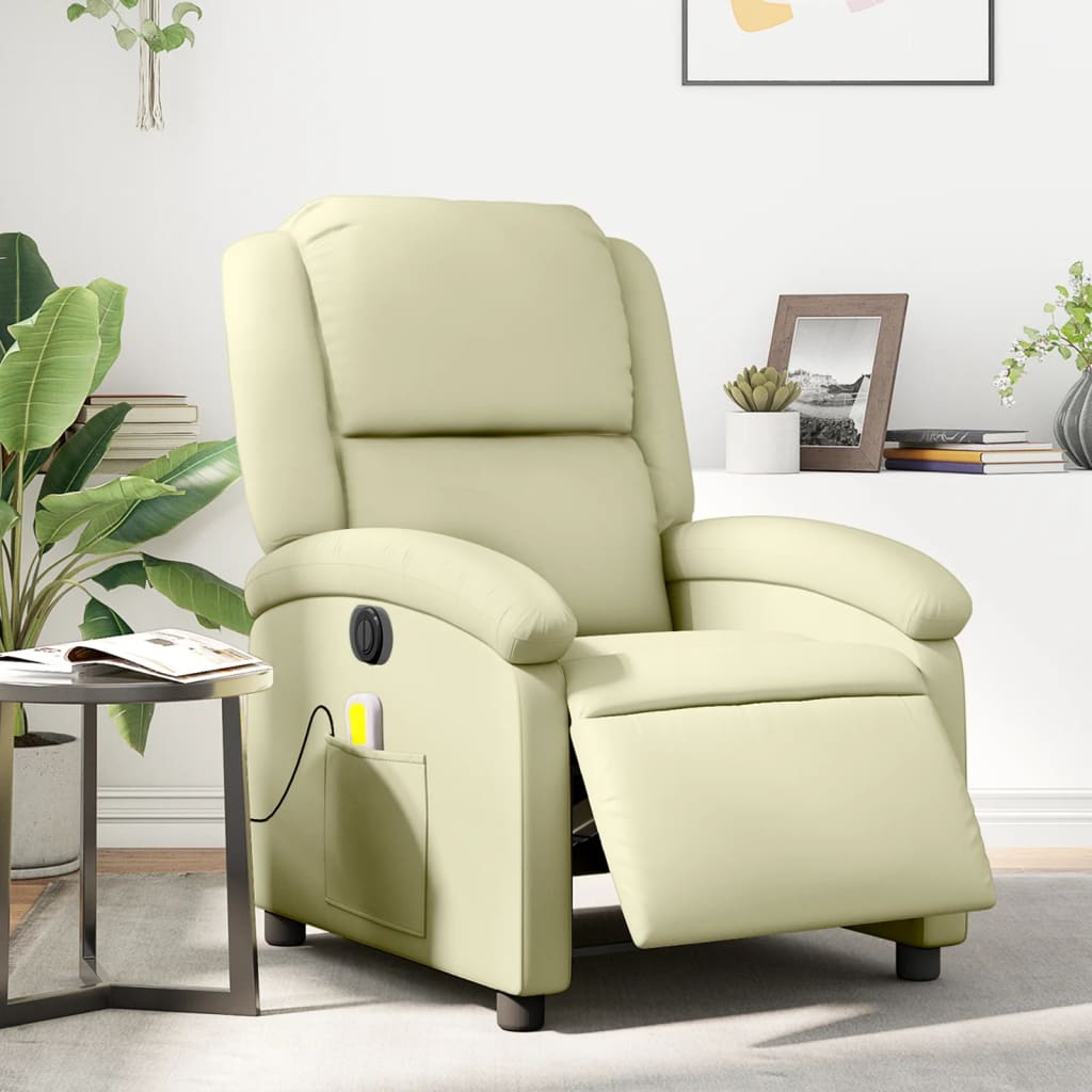 vidaXL Fotoliu de masaj rabatabil electric, crem, piele naturală vidaXL Fotoliu de masaj rabatabil electric, crem, piele naturală