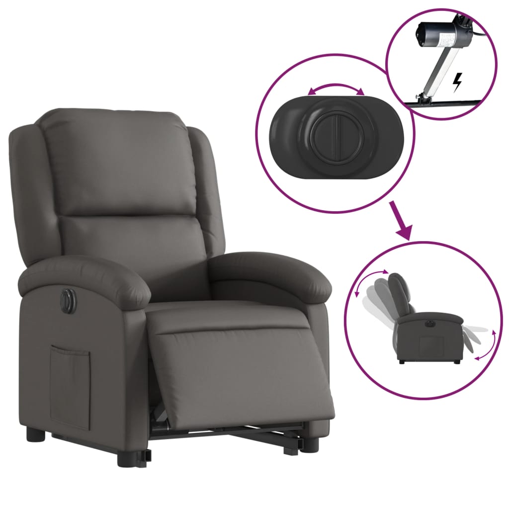vidaXL Fotoliu rabatabil electric cu ridicare, gri, piele naturală