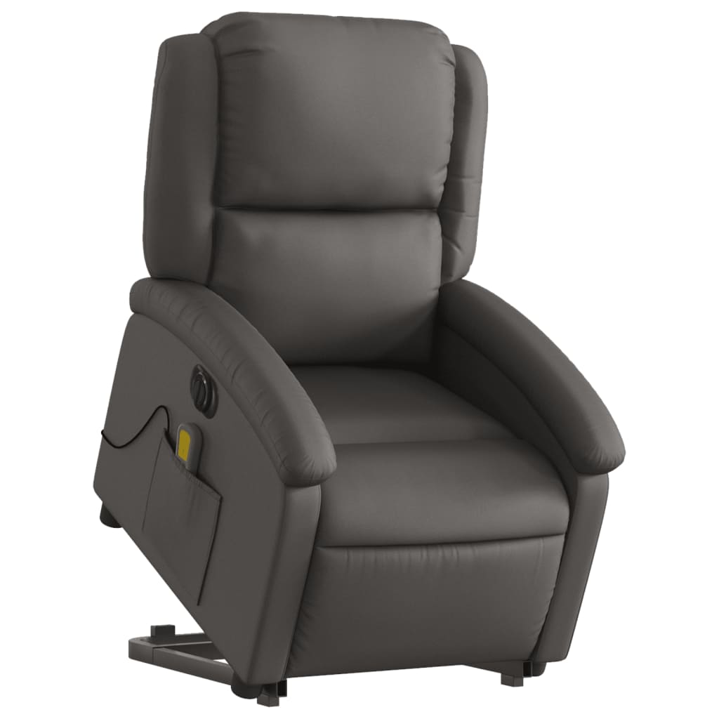 vidaXL Fotoliu electric masaj rabatabil cu ridicare gri piele natural vidaXL Fotoliu electric masaj rabatabil cu ridicare gri piele natural