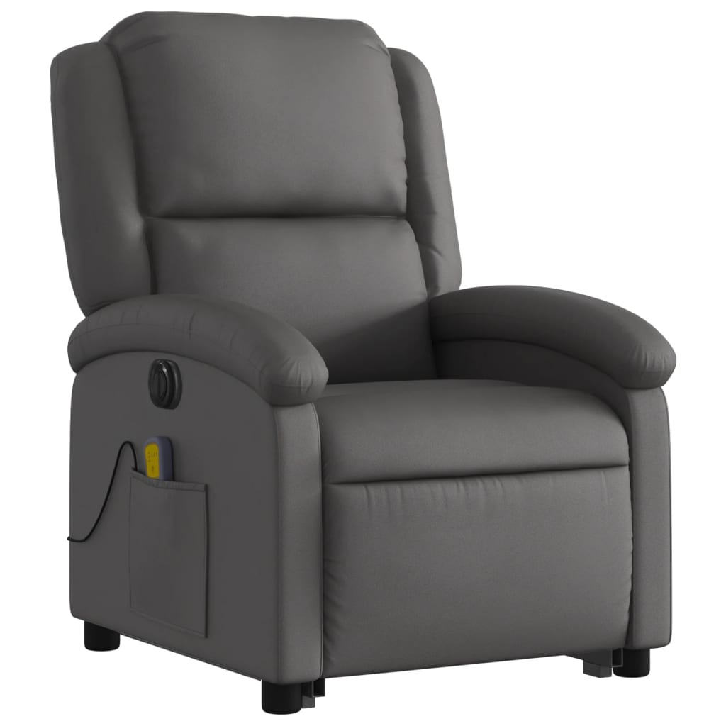 vidaXL Fotoliu electric masaj rabatabil cu ridicare gri piele natural vidaXL Fotoliu electric masaj rabatabil cu ridicare gri piele natural