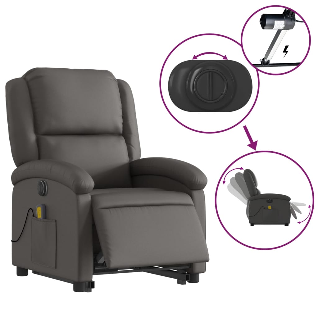 vidaXL Fotoliu electric masaj rabatabil cu ridicare gri piele natural vidaXL Fotoliu electric masaj rabatabil cu ridicare gri piele natural