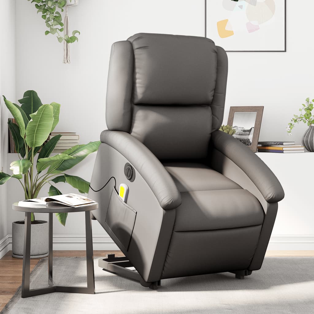 vidaXL Fotoliu electric masaj rabatabil cu ridicare gri piele natural vidaXL Fotoliu electric masaj rabatabil cu ridicare gri piele natural