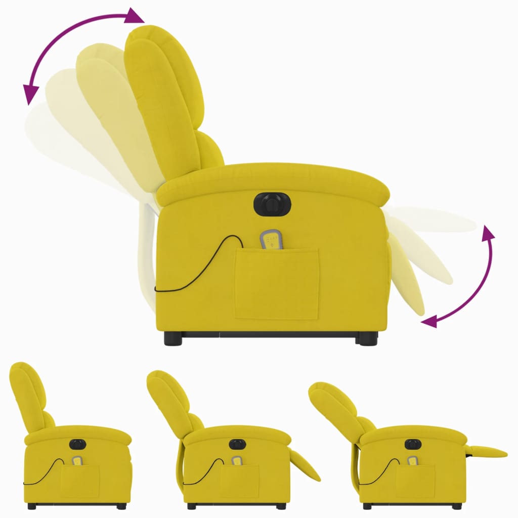 vidaXL Fotoliu de masaj electric rabatabil cu ridicare galben, catifea vidaXL Fotoliu de masaj electric rabatabil cu ridicare galben, catifea