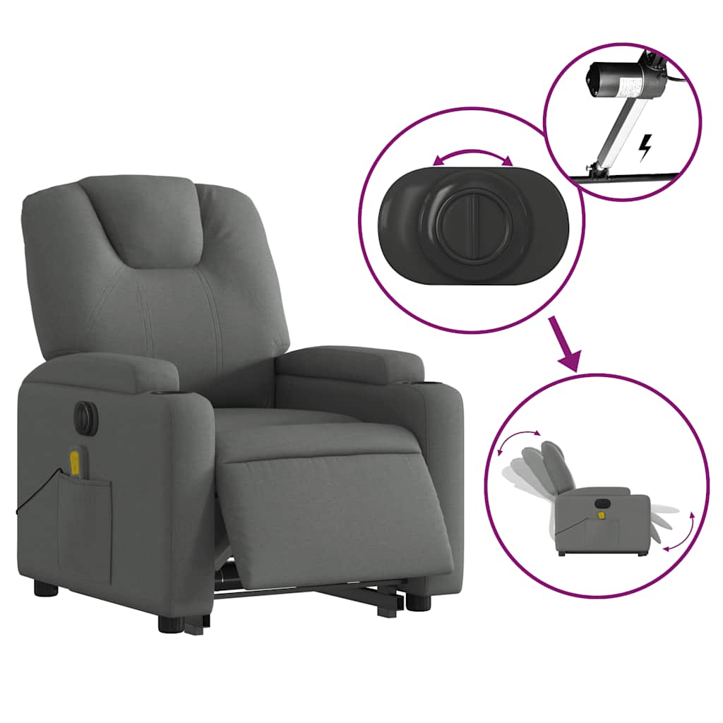 vidaXL Fotoliu electric masaj rabatabil cu ridicare, gri închis textil