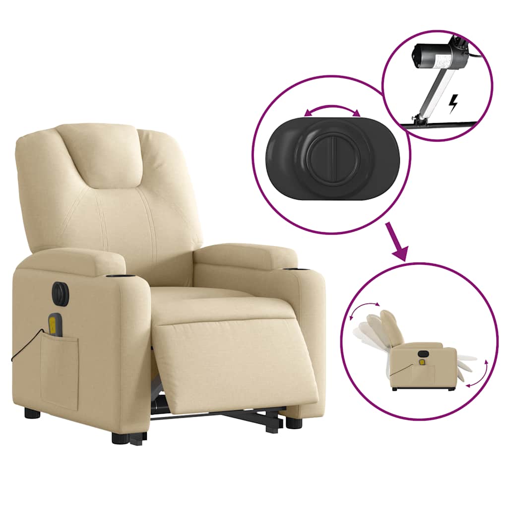 vidaXL Fotoliu electric de masaj rabatabil cu ridicare, crem, textil vidaXL Fotoliu electric de masaj rabatabil cu ridicare, crem, textil