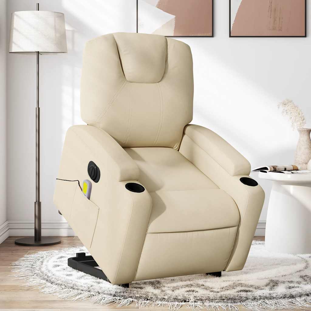 vidaXL Fotoliu electric de masaj rabatabil cu ridicare, crem, textil vidaXL Fotoliu electric de masaj rabatabil cu ridicare, crem, textil
