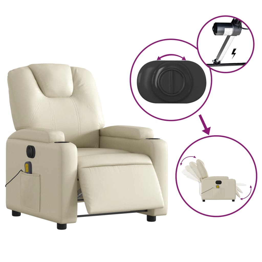 vidaXL Fotoliu electric de masaj rabatabil, crem, piele ecologică