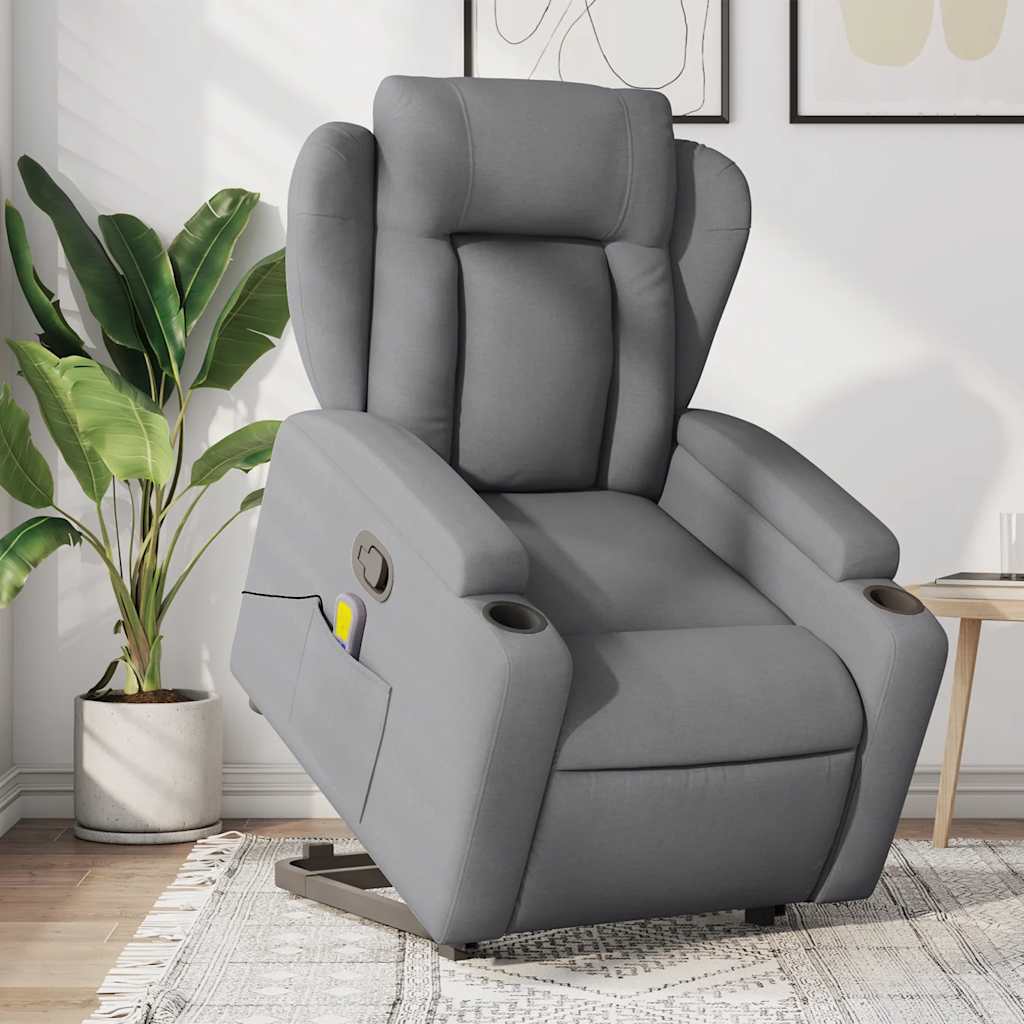 vidaXL Fotoliu de masaj rabatabil cu ridicare, gri deschis, textil vidaXL Fotoliu de masaj rabatabil cu ridicare, gri deschis, textil