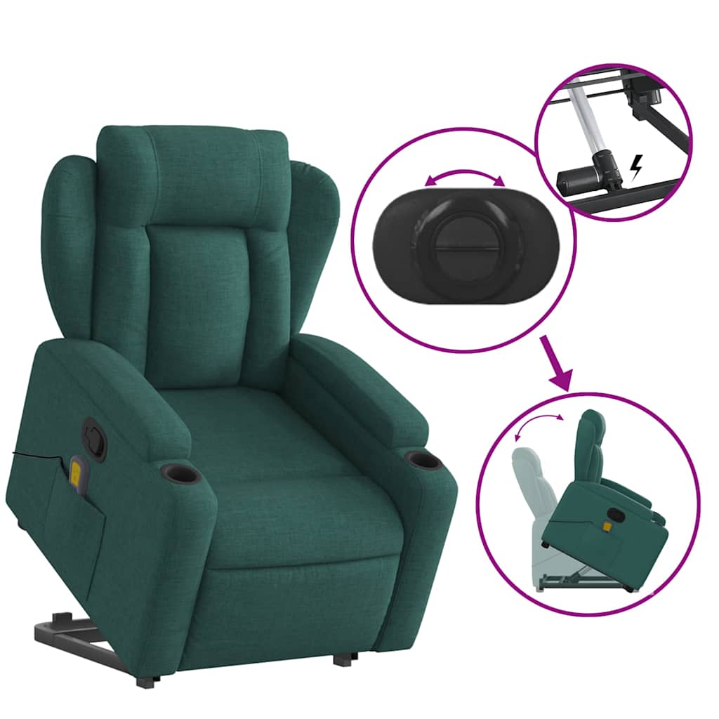 vidaXL Fotoliu rabatabil de masaj, cu ridicare, verde închis, textil