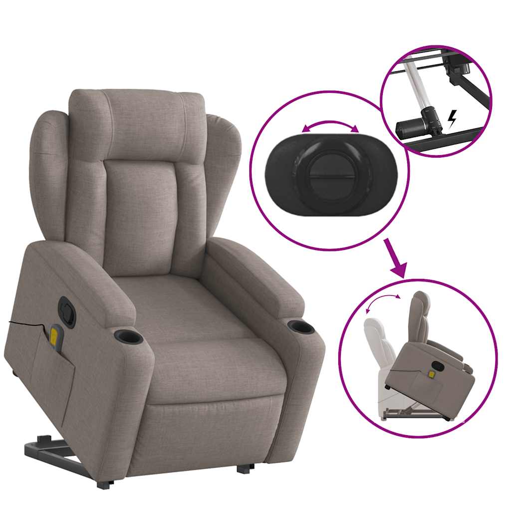 vidaXL Fotoliu rabatabil de masaj cu ridicare, gri taupe, textil