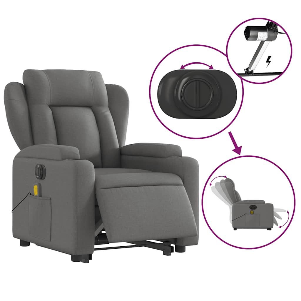 vidaXL Fotoliu electric masaj rabatabil cu ridicare, gri închis textil