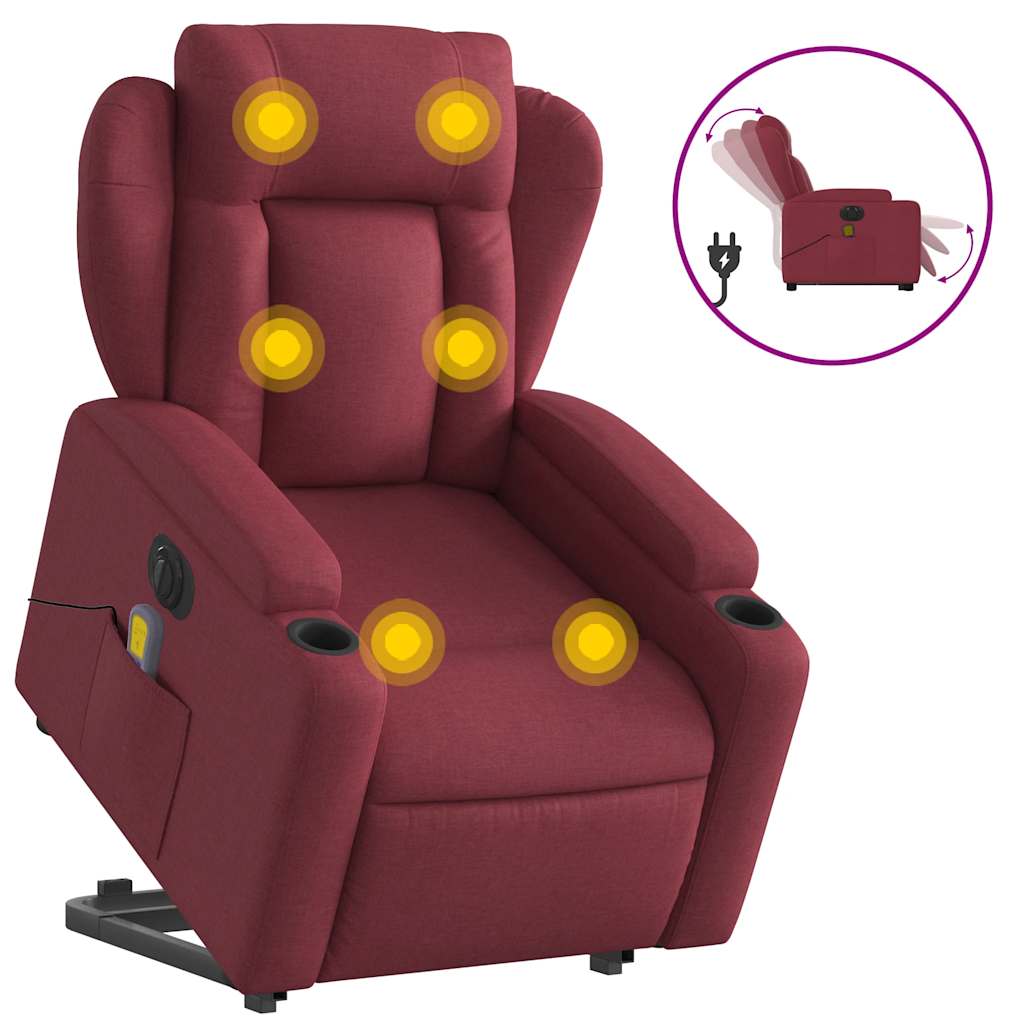 vidaXL Fotoliu de masaj electric rabatabil cu ridicare roșu vin textil vidaXL Fotoliu de masaj electric rabatabil cu ridicare roșu vin textil