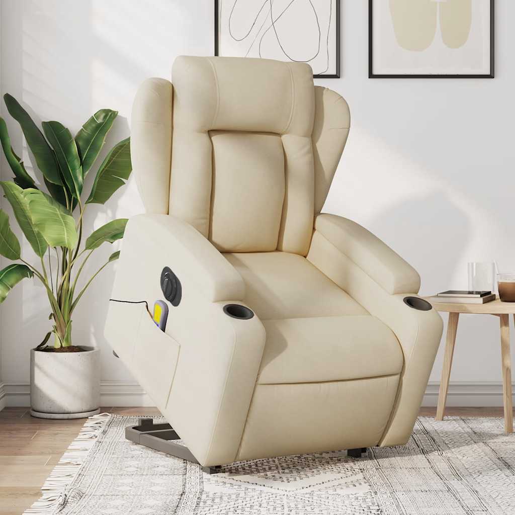 vidaXL Fotoliu electric de masaj rabatabil cu ridicare, crem, textil vidaXL Fotoliu electric de masaj rabatabil cu ridicare, crem, textil