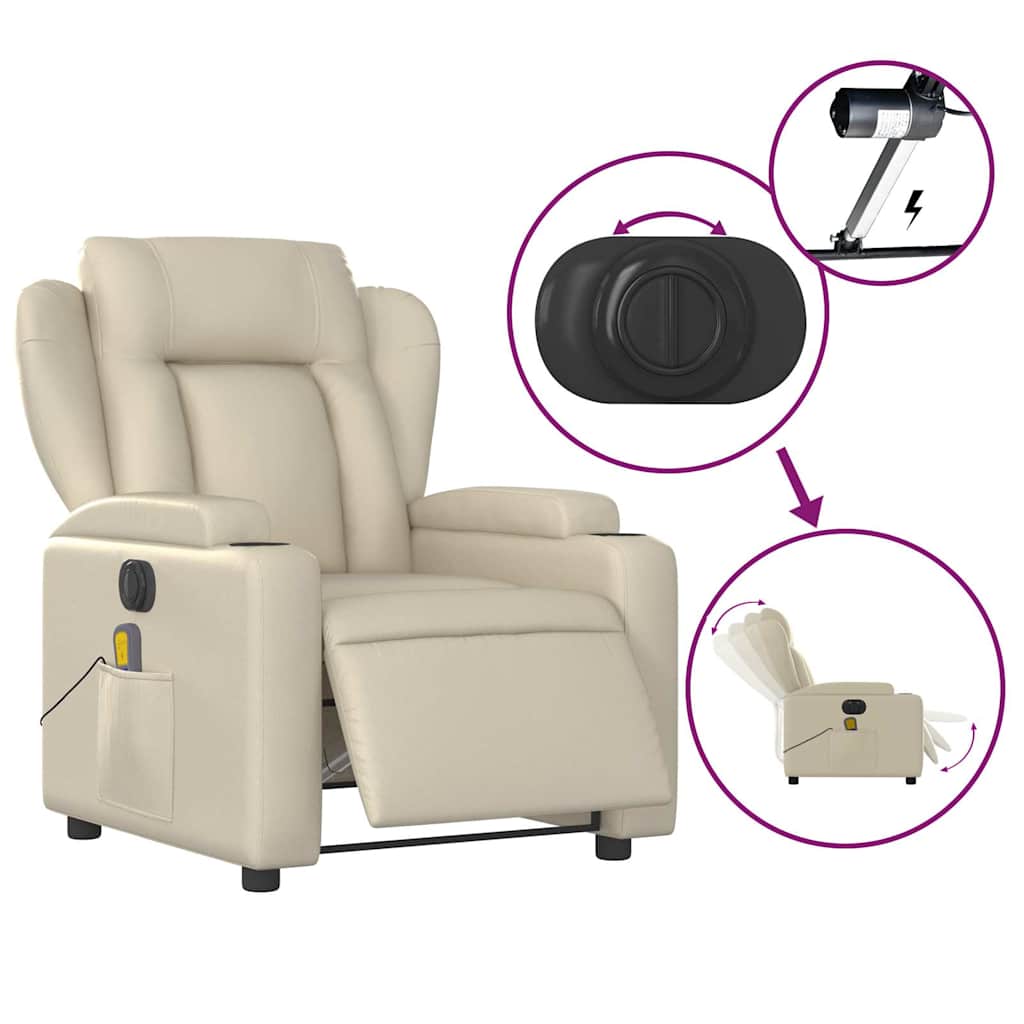 vidaXL Fotoliu electric de masaj rabatabil, crem, piele ecologică